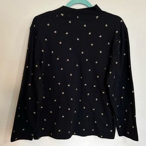 Karen Scott Long Sleeve Fall Top Size XL Mock Neck Black w. Gold Leaf Design